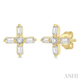 1/10 Ctw Greek Cross Baguette and Round Cut Diamond Petite Earrings in 10K Yellow Gold