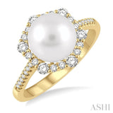 8X8MM Cultured Pearl and 1/3 Ctw Hexagon Shape Round Cut Diamond Ring in 14K Yellow Gold