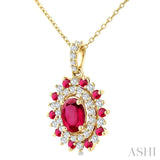 6X4 MM Oval Cut & 1.55 MM Round Cut Ruby and 1/4 Ctw Round Cut Diamond Floral Precious Pendant With Chain in 14K Yellow Gold