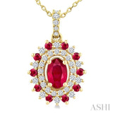 6X4 MM Oval Cut & 1.55 MM Round Cut Ruby and 1/4 Ctw Round Cut Diamond Floral Precious Pendant With Chain in 14K Yellow Gold