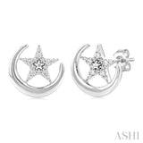 1/10 Ctw Petite Crescent Moon and Star Round Cut Diamond Fashion Stud Earrings in 10K White Gold