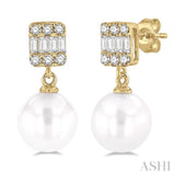 6MM Cultured Pearls and 1/10 ctw Baguette and Single Cut Diamond Earring in 10K Yellow Gold