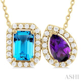 6X4 MM Emerald Cut Blue Topaz and Pear Cut Amethyst and 1/5 Ctw Toi Et Moi Round Cut Diamond Halo Fashion Pendant With Chain in 14K Yellow Gold