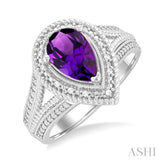 1/20 ctw Pear Cut 9X6 MM Amethyst and Round Cut Diamond Semi Precious Ring in Sterling Silver