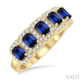 1/2 ctw Emerald Shape 4x3 MM Precious Sapphire and Round Cut Diamond Wedding Band in 14K Yellow Gold