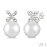 5.5 MM Round Shape Cultured Pearls and 1/20 Ctw Petite 4-Petal Flower Round Cut Diamond Fashion Stud Earrings in 10K White Gold