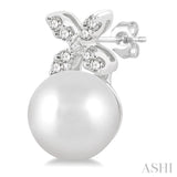 5.5 MM Round Shape Cultured Pearls and 1/20 Ctw Petite 4-Petal Flower Round Cut Diamond Fashion Stud Earrings in 10K White Gold
