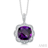 1/20 ctw Cushion Shape 10X10 MM Amethyst and Round Cut Diamond Semi Precious Pendant With Chain in Sterling Silver