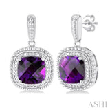 1/20 ctw Cushion Shape 8X8 MM Amethyst and Round Cut Diamond Semi Precious Earring in Sterling Silver