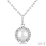 5 MM Cultured White Pearl and 1/20 Ctw Single Cut Diamond Halo Pendant With Chain in 10K White Gold