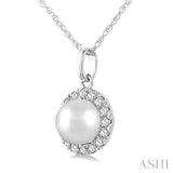 5 MM Cultured White Pearl and 1/20 Ctw Single Cut Diamond Halo Pendant With Chain in 10K White Gold
