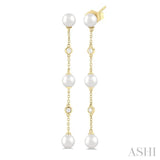 5 MM Round Shape Cultured Pearls and 1/10 Ctw Round Cut Diamond Station Long Earring in 14K Yellow Gold