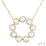 3 MM Round Shape Cultured Pearl and 1/3 Ctw Round Cut Diamond Circle Halo Pendant With Chain in 14K Yellow Gold