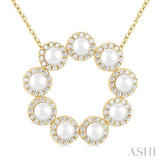 3 MM Round Shape Cultured Pearl and 1/3 Ctw Round Cut Diamond Circle Halo Pendant With Chain in 14K Yellow Gold