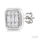1/5 Ctw Petite Bezel Set Emerald Shape Fusion Baguette and Round Cut Diamond Fashion Stud Earrings in 10K White Gold