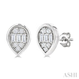1/5 Ctw Petite Bezel Set Pear Shape Fusion Baguette and Round Cut Diamond Fashion Stud Earrings in 10K White Gold