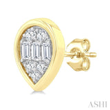 1/5 Ctw Petite Bezel Set Pear Shape Fusion Baguette and Round Cut Diamond Fashion Stud Earrings in 10K Yellow Gold