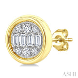 1/5 Ctw Petite Bezel Set Round Shape Fusion Baguette and Round Cut Diamond Fashion Stud Earrings in 10K Yellow Gold