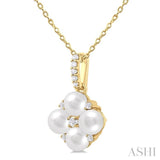 4 MM Floral Round Shape Cultured Pearl and 1/10 Ctw Round Cut Diamond Fashion Pendant With Chain in 10K Yellow Gold