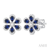 4X3 MM Floral Blossom Pear Cut Sapphire and 1/3 Ctw Round Cut Diamond Precious Stud Earring in 14K White Gold
