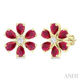 4X3 MM Floral Blossom Pear Cut Ruby and 1/10 Ctw Round Cut Diamond Precious Stud Earring in 14K Yellow Gold