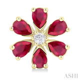 4X3 MM Floral Blossom Pear Cut Ruby and 1/10 Ctw Round Cut Diamond Precious Stud Earrings in 14K Yellow Gold