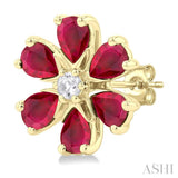4X3 MM Floral Blossom Pear Cut Ruby and 1/10 Ctw Round Cut Diamond Precious Stud Earrings in 14K Yellow Gold