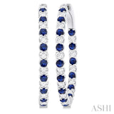 2.3 MM Round Sapphire and 1 1/2 Ctw Round Cut Diamond Inside & Outside Alternating Precious Hoop Earrings in 14K White Gold