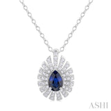 6X4 MM Pear Cut Sapphire and 1/3 Ctw Starburst Round Cut Diamond Precious Pendant With Chain in 14K White Gold