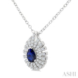 6X4 MM Pear Cut Sapphire and 1/3 Ctw Starburst Round Cut Diamond Precious Pendant With Chain in 14K White Gold