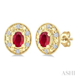 4x3 MM Oval Shaped Ruby and 1/10 Ctw Single Cut Diamond Earrings in 10K Yellow Gold