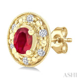 4x3 MM Oval Shaped Ruby and 1/10 Ctw Single Cut Diamond Earrings in 10K Yellow Gold