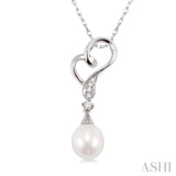 9x7 MM Briolette Cut Cultured Pearl and 1/20 Ctw Round Cut Diamond Drop Pendant in 10K White Gold with Chain