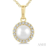 5 MM Cultured White Pearl and 1/20 Ctw Single Cut Diamond Halo Pendant With Chain in 14K Yellow Gold