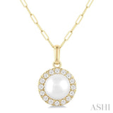 6 MM Cultured White Pearl and 1/6 Ctw Single Cut Diamond Halo Pendant With Chain in 10K Yellow Gold