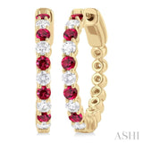 2.4 MM Round Cut Ruby and 5/8 Ctw Round Cut Diamond Precious Hoop Earrings in 14K Yellow Gold