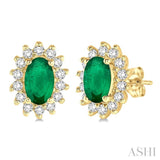 5x3 MM Oval Cut Center Emerald and 1/5 Ctw Round Cut Diamond Sunflower Precious Earrings in 10K Yellow Gold