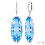 20x8 MM Oval Cut Blue Topaz and 1/2 Ctw Round Cut Diamond Halo Semi-Precious Earrings in 14K White Gold