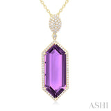 26x10 MM Hexagon Shape Amethyst and 1/2 Ctw Round Cut Diamond Halo Semi-Precious Pendant With Chain in 14K Yellow Gold