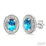 6X4 MM Oval Shape Blue Topaz and 1/50 Ctw Round Cut Diamond Semi-Precious Earrings in Sterling Silver